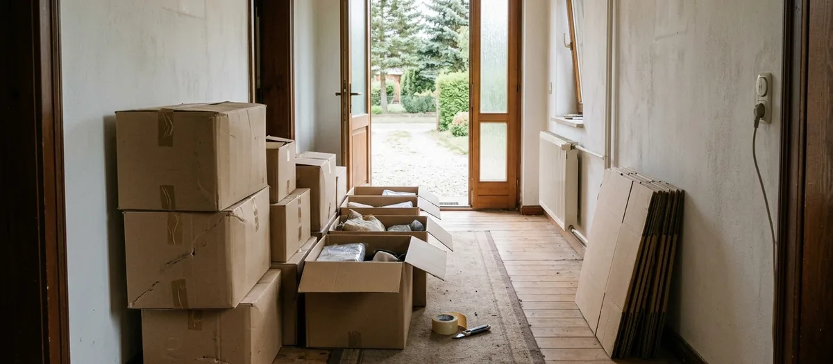 Im Flur eines Hauses stehen drei Gruppen Kartons: links verschlossene, in der Mitte ein offener, rechts flach an der Wand die noch ungefalteten, daneben Klebeband.