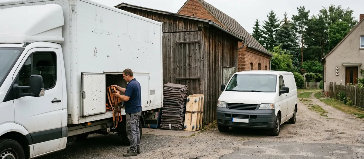 Ein Mann sortiert Spanngurte an der offenen Seitentür eines Kofferwagens, daneben ein Stapel Möbeldecken, Rollbretter und ein weißer Kastenwagen.