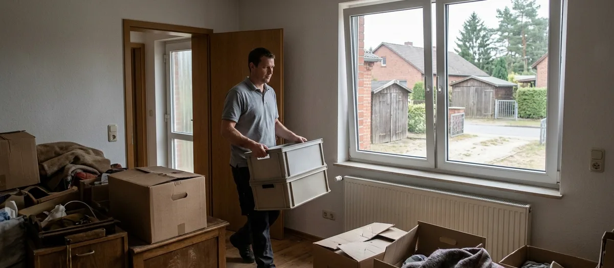 Ein Mann trägt zwei gestapelte graue Kunststoffkisten durch ein halb geräumtes Zimmer, im Vordergrund stehen Kartons und eine alte Kommode.