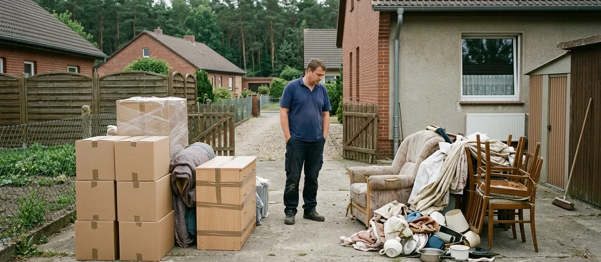 Ein Mann steht im Hof zwischen zwei Haufen: links gepackte Kartons und eine Kommode, rechts durchgesessener Sessel, Stühle, Decken und altes Geschirr.