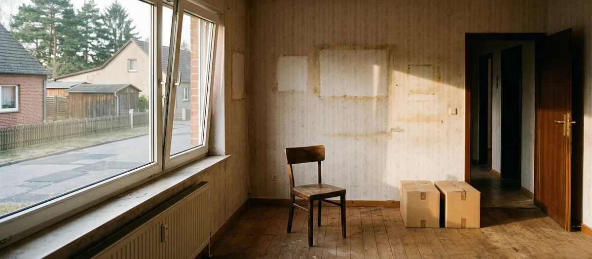 Leergeräumtes Zimmer mit Dielenboden: ein einzelner Holzstuhl, zwei zugeklebte Kartons und helle Flecken auf der Tapete, wo die Möbel standen.