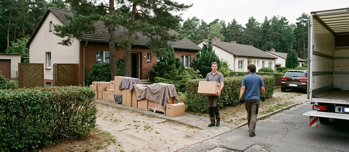 Zwei Männer in einfarbigen Polos tragen Kartons vom Gehweg zum offenen Möbelwagen, vor dem Bungalow wartet eine Reihe gepackter Kisten.