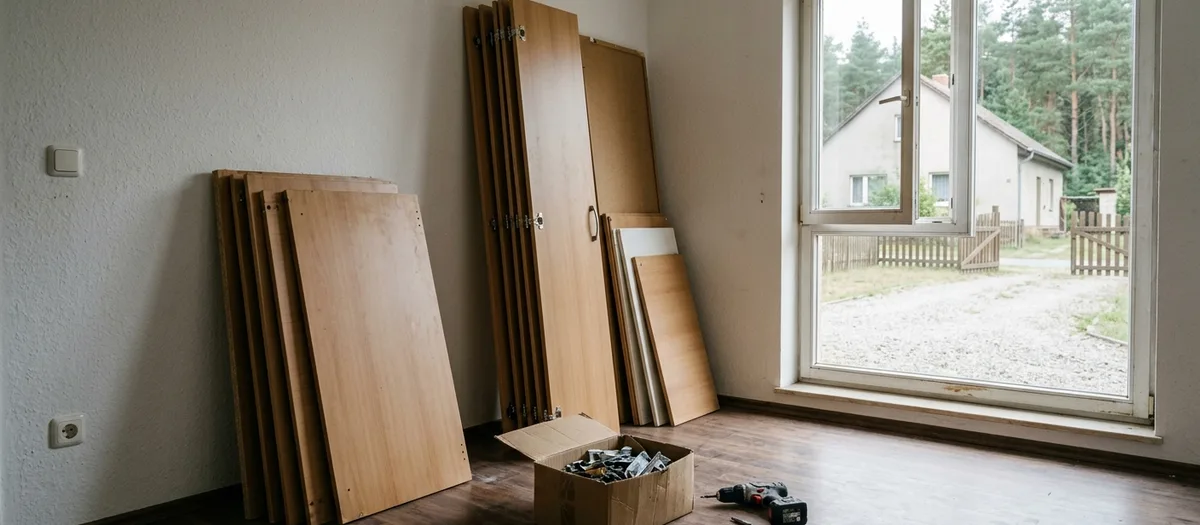 Zerlegter Kleiderschrank: Seitenwände und Böden lehnen an der Zimmerwand, davor ein offener Karton mit Beschlägen und ein Akkuschrauber auf dem Boden.