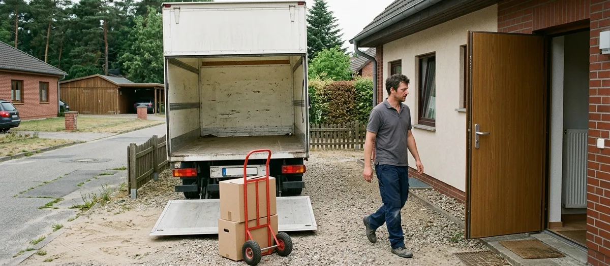 Weißer Möbelwagen mit heruntergelassener Ladebordwand auf einer Kiesauffahrt, davor eine rote Sackkarre mit zwei Kartons, ein Mann geht zur offenen Haustür.