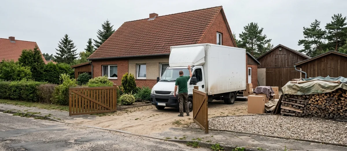 Fahrer im grünen Polo greift zur offenen Fahrertür des weißen Kofferwagens auf dem Kiesplatz, rechts liegt Brennholz unter einer Plane.