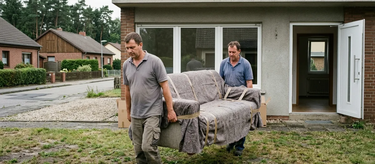 Zwei Männer tragen ein in Decken gewickeltes und gegurtetes Sofa über den Rasen, hinter ihnen steht die Haustür des Bungalows offen.