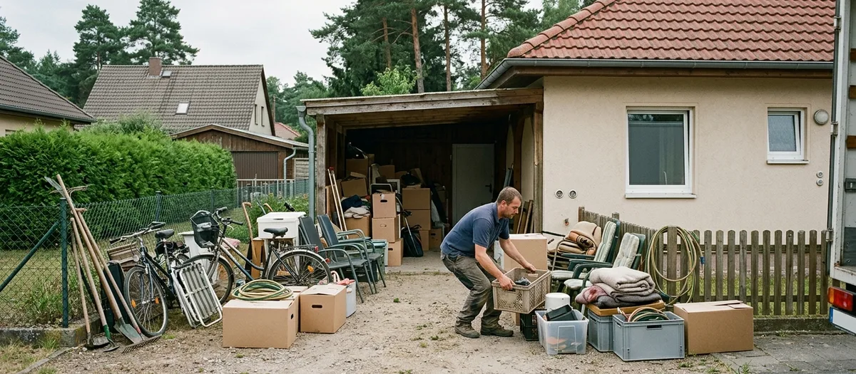 Mann hebt eine Kunststoffkiste vom Kies, davor stehen Fahrräder, Gartenstühle, Kartons und aufgerollte Teppiche vor einem offenen Carport.