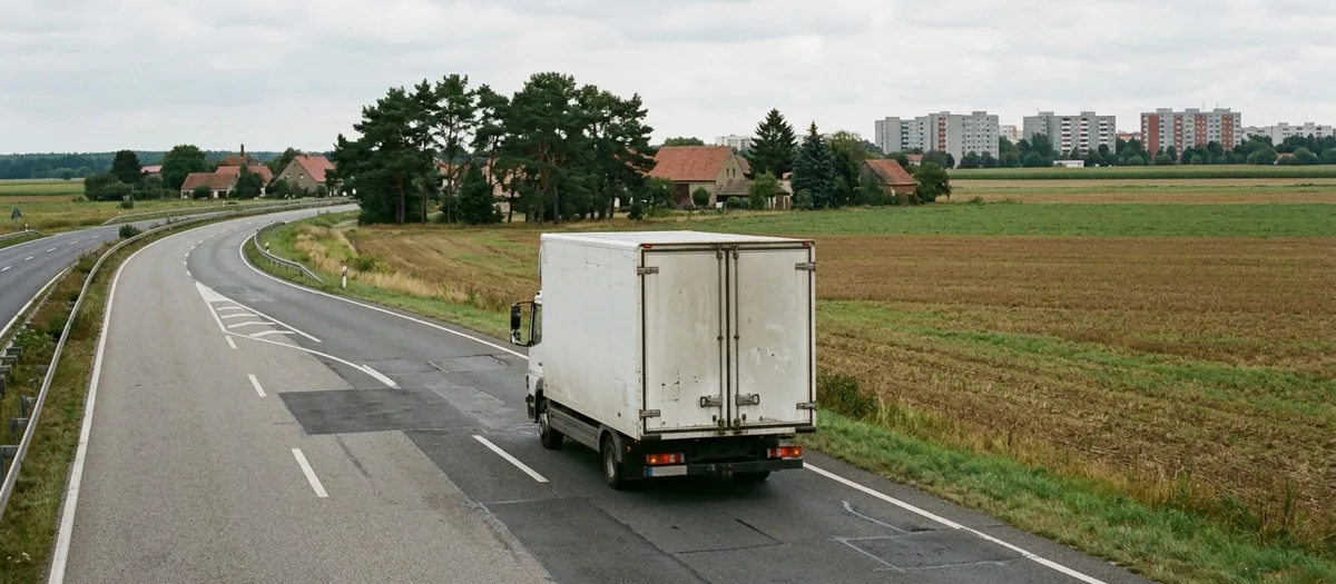 Weißer Kofferwagen fährt auf einer Landstraße zwischen abgeernteten Feldern, am Horizont zeichnen sich die Plattenbauten einer Stadt ab.