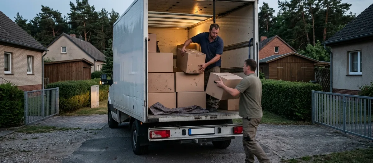 In der Dämmerung reicht ein Mann aus dem beleuchteten Laderaum einen Karton nach unten, sein Kollege greift ihn an der unteren Kante.