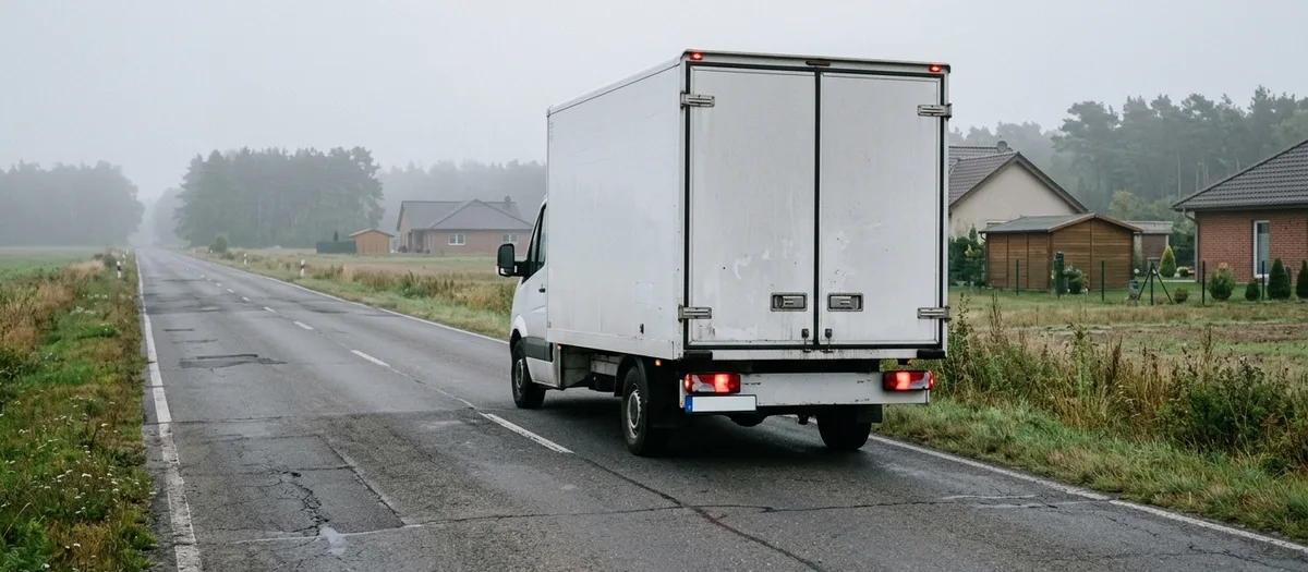 Ein weißer Kofferwagen fährt im Morgennebel von hinten gesehen über eine nasse Landstraße davon, links Wiese und Wald, rechts einzelne Häuser.