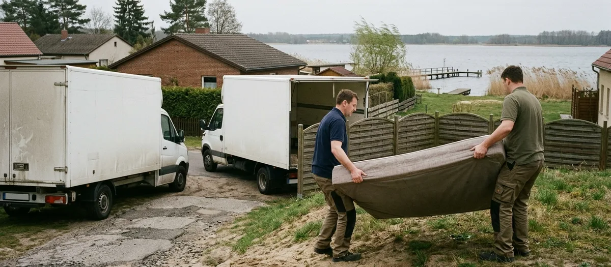 Zwei Träger heben eine eingeschlagene Matratze über die Uferwiese, hinter ihnen parken zwei Kofferwagen, im Wasser steht ein Holzsteg.