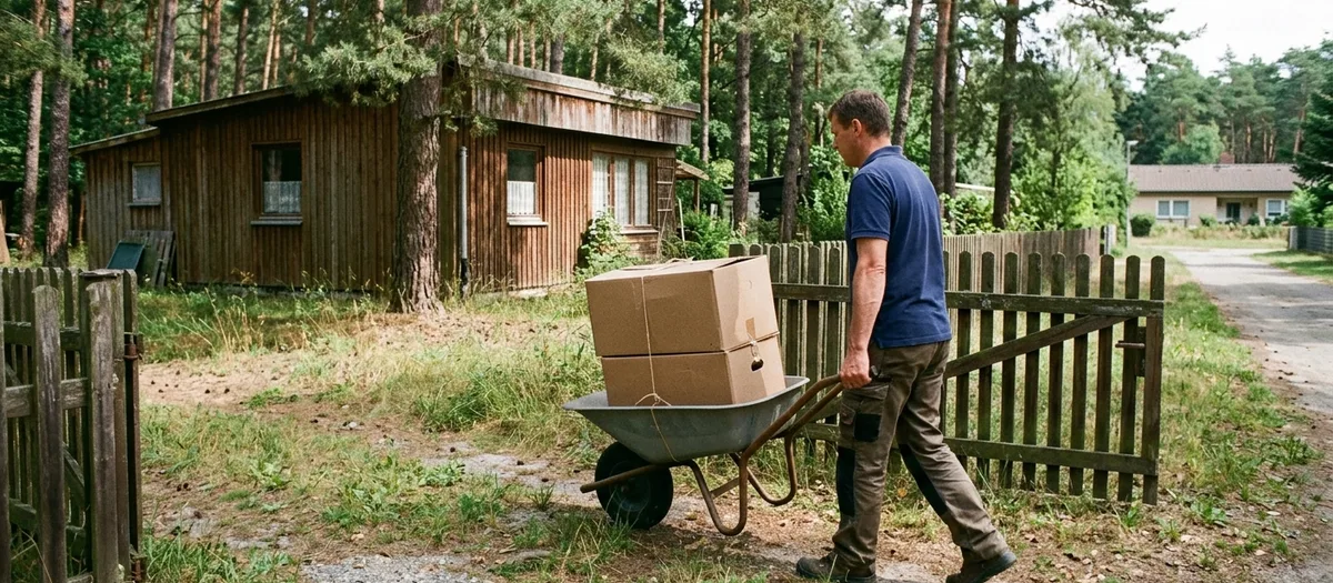 Mann schiebt eine Schubkarre mit zwei verschnürten Kartons durch ein offenes Holztor, im Hintergrund steht ein Holzhaus zwischen Kiefern.