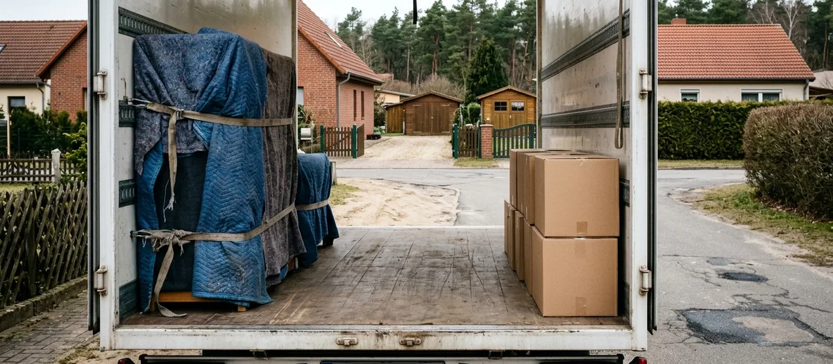 Blick durch die offenen Hecktüren in einen halb beladenen Koffer: links gegurtete Möbel unter blauen Decken, rechts gestapelte Kartons, die Mitte frei.