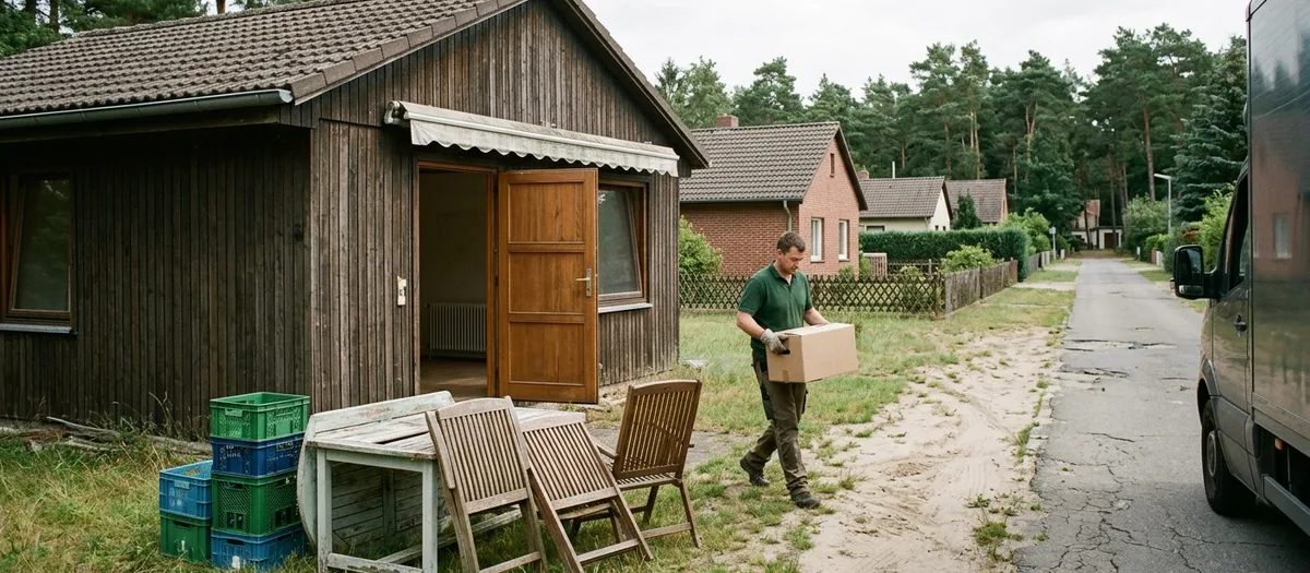 Vor einer dunklen Holzlaube stehen Klappstühle, ein Gartentisch und Getränkekisten im Gras, ein Helfer trägt einen Karton über den Sandweg.